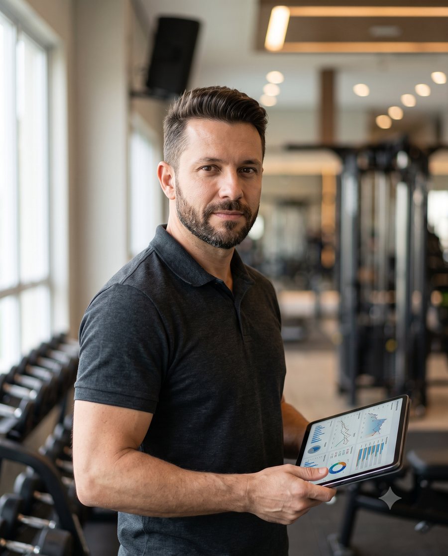 Dono de academia acompanhando os resultados no tablet